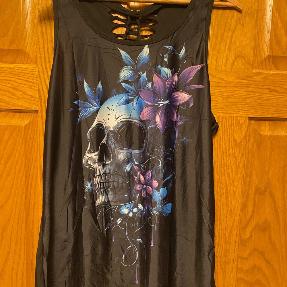 Floral Whimsigoth Skull Graphic Tank Top - Black